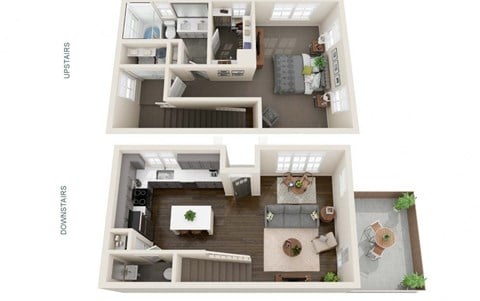 Floor plan for 1 bed, 1.5 baths, 851 sqft