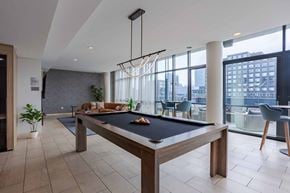 Chicago apartment for rent - A pool table is in the middle of a room with a view of the city.