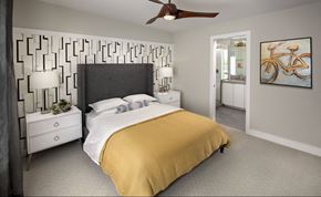 Phoenix townhouse for rent - a bedroom with a bed and a ceiling fan at Novella Arcadia, Phoenix, 85018