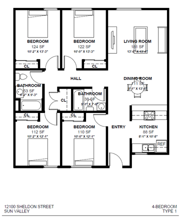 Sun Valley apartment for rent - a floor plan of a house with two bedrooms and a living room