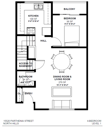 North Hills apartment for rent - a floor plan of a house with a small kitchen and a living room