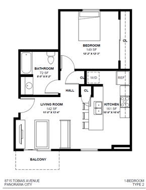 Panorama City apartment for rent - A black and white image of a floor plan for a 1-bedroom type 2 apartment.