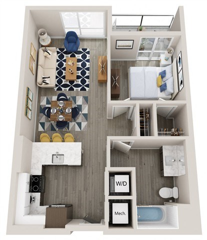 Floor plan for 1 bed, 1 bath, 656 sqft