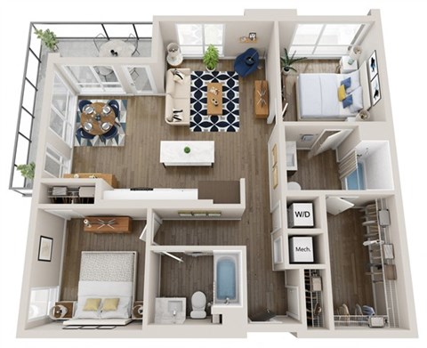 Floor plan for 2 beds, 2 baths, 1002 sqft