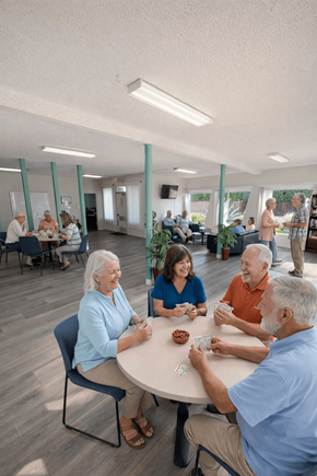 Mission Hills apartment for rent - A group of elderly people are sitting around a table playing a card game.