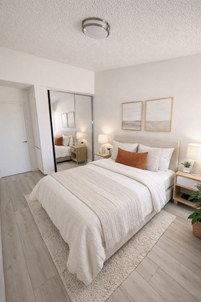 Mission Hills apartment for rent - A bedroom with a large bed and a mirror on the wall.
