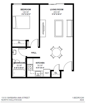 North Hollywood apartment for rent - A black and white image of a floor plan for a one bedroom apartment.