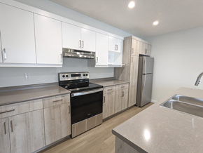 Brandon apartment for rent - an empty kitchen with white cabinets and stainless steel appliances