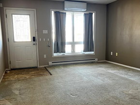 Brandon condo for rent - a room with a carpeted floor and a window with curtains