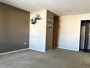 Brandon condo for rent - an empty living room with a refrigerator in the corner
