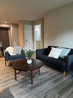Killarney apartment for rent - A living room with a black couch, a white chair, and a wooden coffee table.