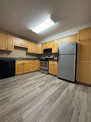 Brandon apartment for rent - A kitchen with wooden cabinets and a grey refrigerator.