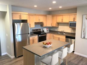 Portage La Prairie apartment for rent - a kitchen with stainless steel appliances and wooden cabinets