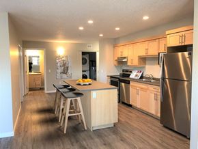 Portage La Prairie apartment for rent - a kitchen with stainless steel appliances and a bar with three stools