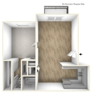 Floor plan for 1 bed, 1 bath, 670 sqft