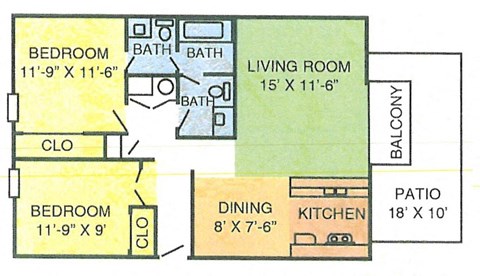 Floor plan for 2 beds, 1 bath, 840 sqft