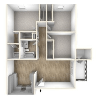 Floor plan for 3 beds, 2 baths, 1070 sqft