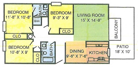 Floor plan for 3 beds, 2 baths, 1008 sqft