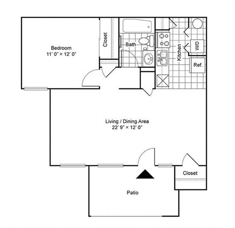 Floor plan for 1 bed, 1 bath, 680 sqft