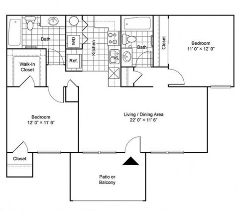 Floor plan for 2 beds, 2 baths, 977 sqft
