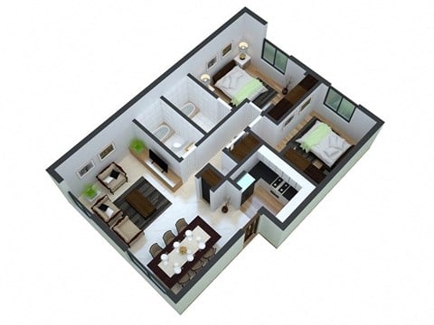 Floor plan for 2 beds, 2 baths, 921 sqft