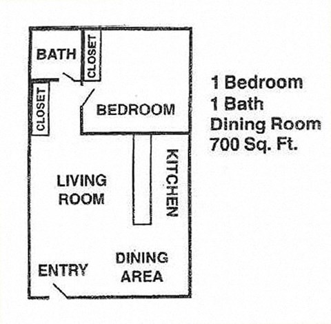 Floor plan for 1 bed, 1 bath, 700 sqft