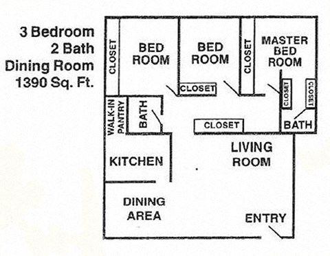 Floor plan for 3 beds, 2 baths, 1390 sqft