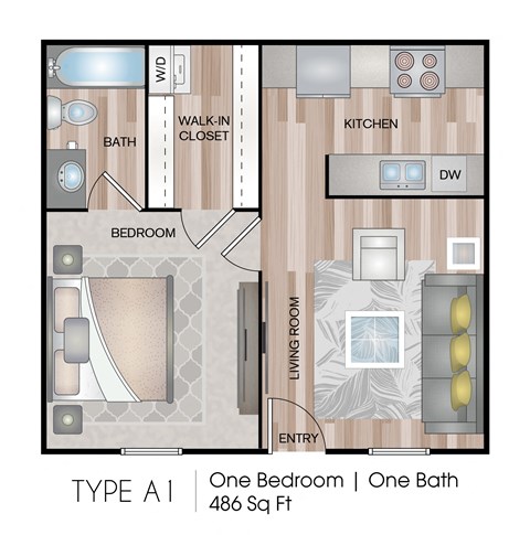 Floor plan for 1 bed, 1 bath, 486 sqft