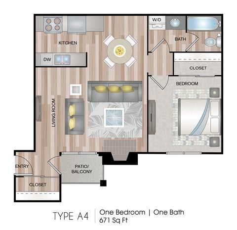 Floor plan for 1 bed, 1 bath, 671 sqft