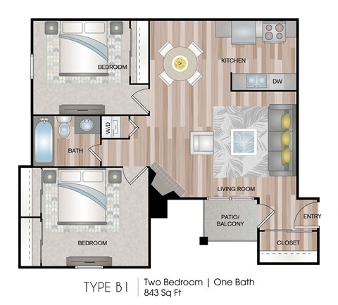 Floor plan for 2 beds, 1 bath, 843 sqft
