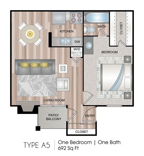 Floor plan for 1 bed, 1 bath, 692 sqft