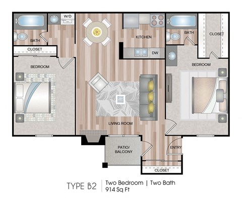 Floor plan for 2 beds, 2 baths, 914 sqft