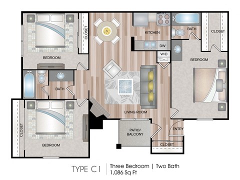 Floor plan for 3 beds, 2 baths, 1086 sqft
