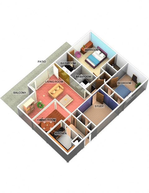 Floor plan for 3 beds, 2 baths, 1300 sqft