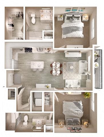 Floor plan for 2 beds, 2 baths, 1043 sqft