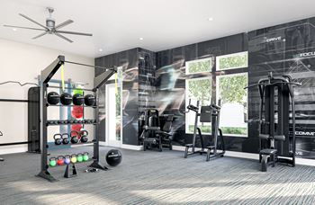 24-Hour fitness center with yoga and spin room