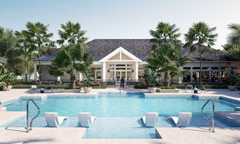 Resort style pool with tanning ledge, sundeck & cabanas