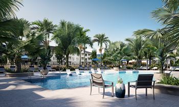 Resort style pool with tanning ledge, sundeck & cabanas