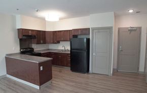 Holyoke apartment for rent - an empty kitchen with a black refrigerator and