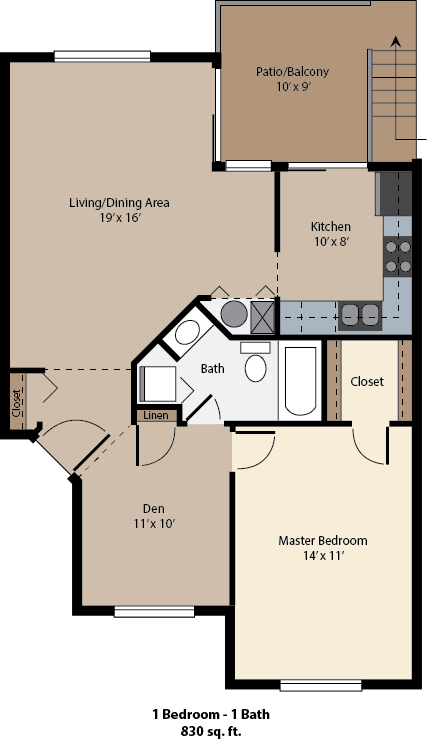 Floor plan for 1 bed, 1 bath, 830 sqft