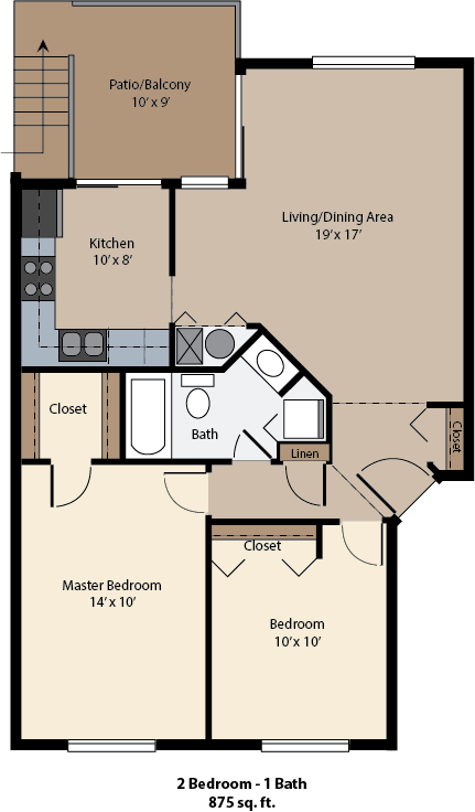 Floor plan for 2 beds, 1 bath, 875 sqft