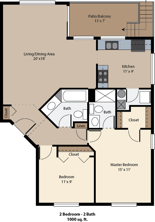 Floor plan for 2 beds, 2 baths, 1000 sqft