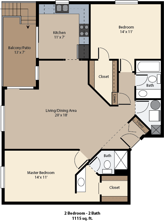 Floor plan for 2 beds, 2 baths, 1115 sqft