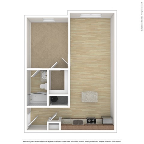 Floor plan for 1 bed, 1 bath, 625 sqft