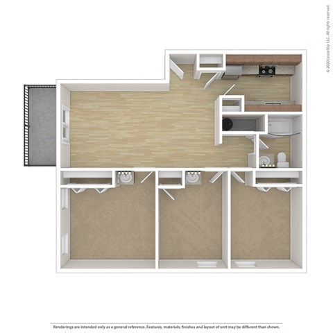 Floor plan for 3 beds, 1 bath, 363 sqft