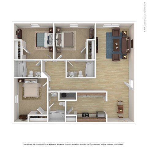 Floor plan for 3 beds, 3 baths, 391 sqft