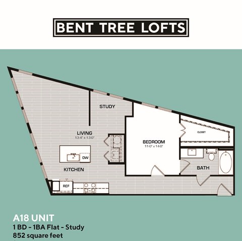 Floor plan for 1 bed, 1 bath, 852 sqft