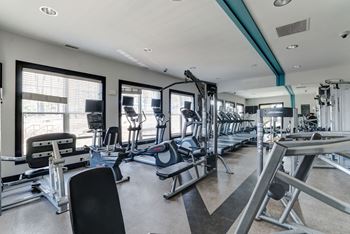 A large fitness room with cardio equipment and windows