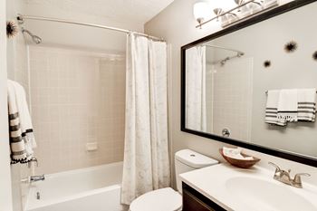A bathroom with a shower toilet and sink