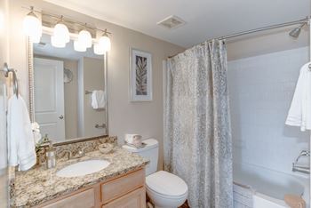 A bathroom with a shower toilet and sink